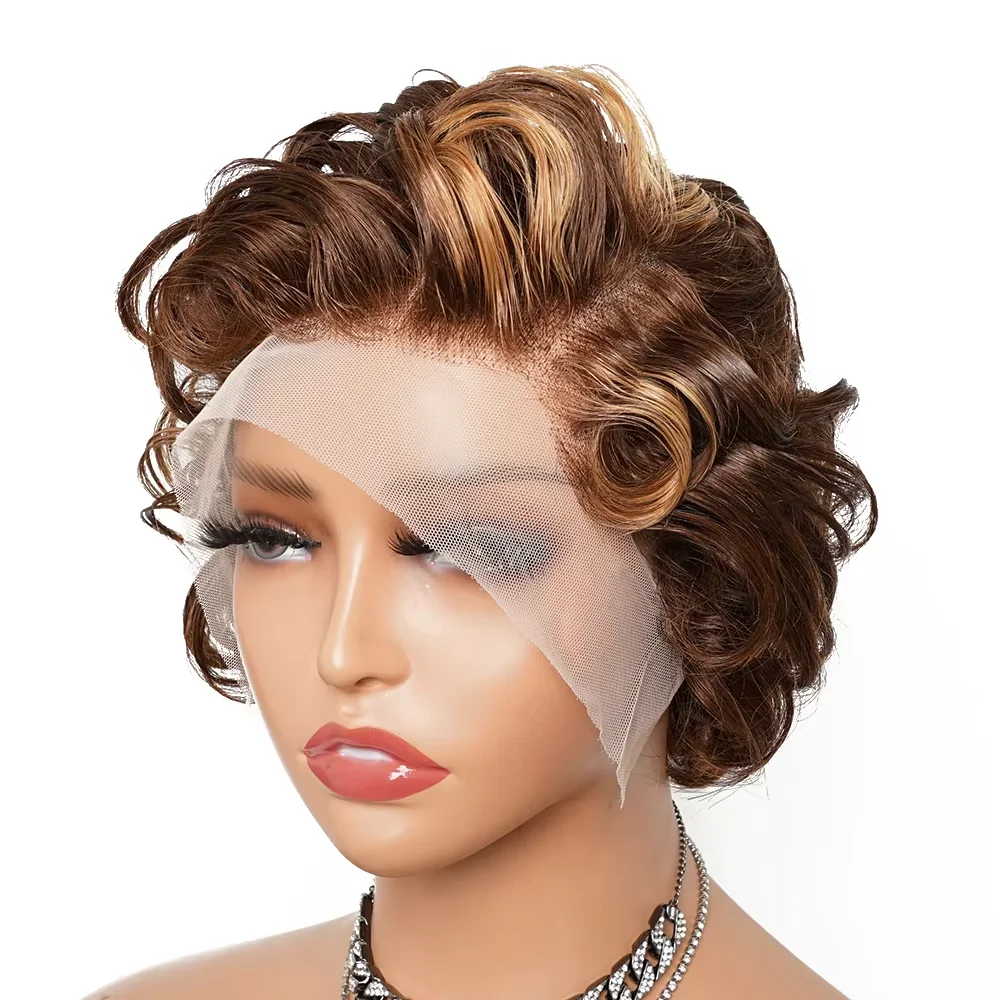 

Pixie Cut Reday To Wear Short Curly 13x4 Transparent Lace Frontal Said part Human Hair Wigs For Black Women Water Wave
