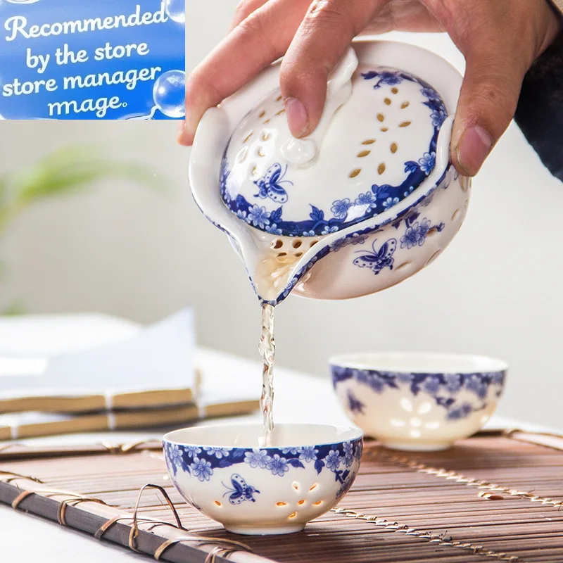 

Blue and white porcelain travel tea set 1 Pot 2 Cup, High quality elegant Tea set,Beautiful and easy teapot kettle.special gift
