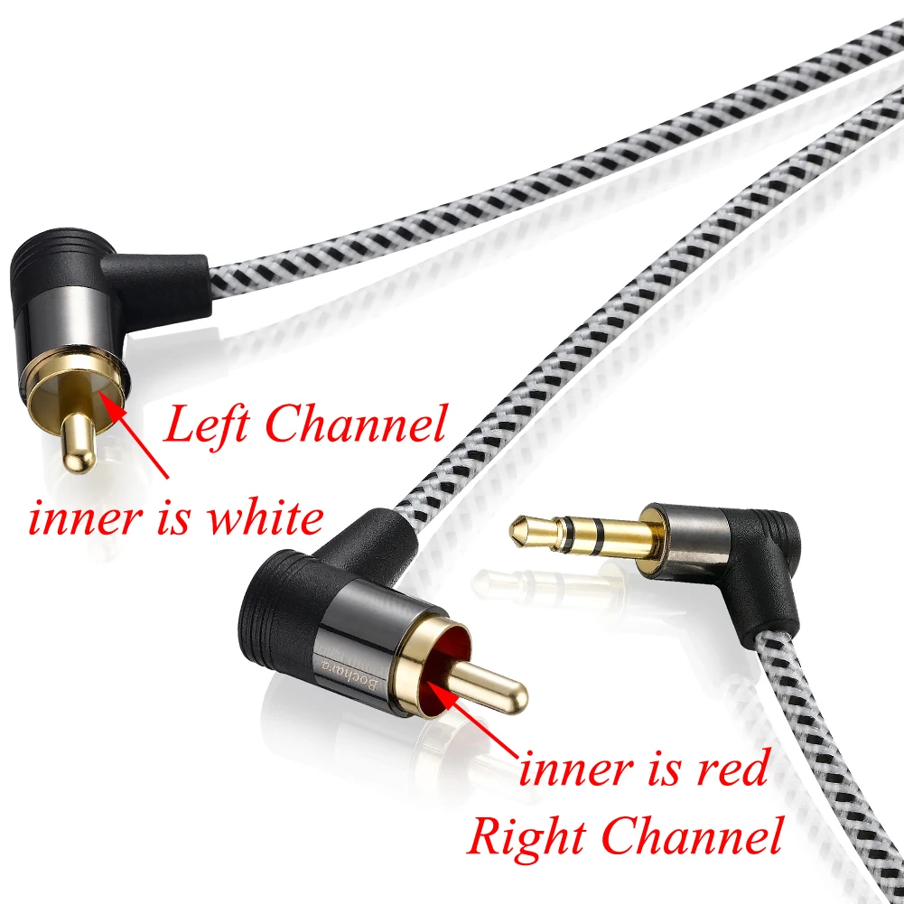 Bochara-cable de Audio trenzado chapado en oro de 90 grados, conector de 3,5mm a 2RCA OFC para altavoces, mezclador amplificador, 1,8 m, 3m, 5m, 10m