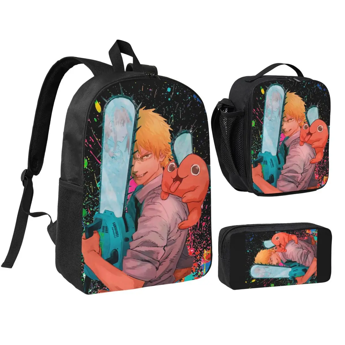 3pecs/set Chainsaw Man Backpack for Student High-capacity Denji Pochita Devil Anime High School Canvas Bag Lunch bag Pencil Case