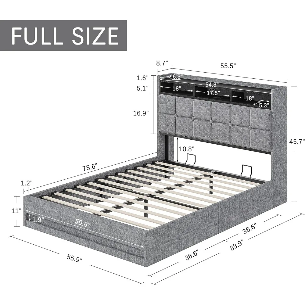 سرير تخزين رفع بالحجم الكامل من VECELO، إطار سرير بمنصة منجدة مع أضواء LED ذكية ومحطة شحن USB، بدون صندوق Spri