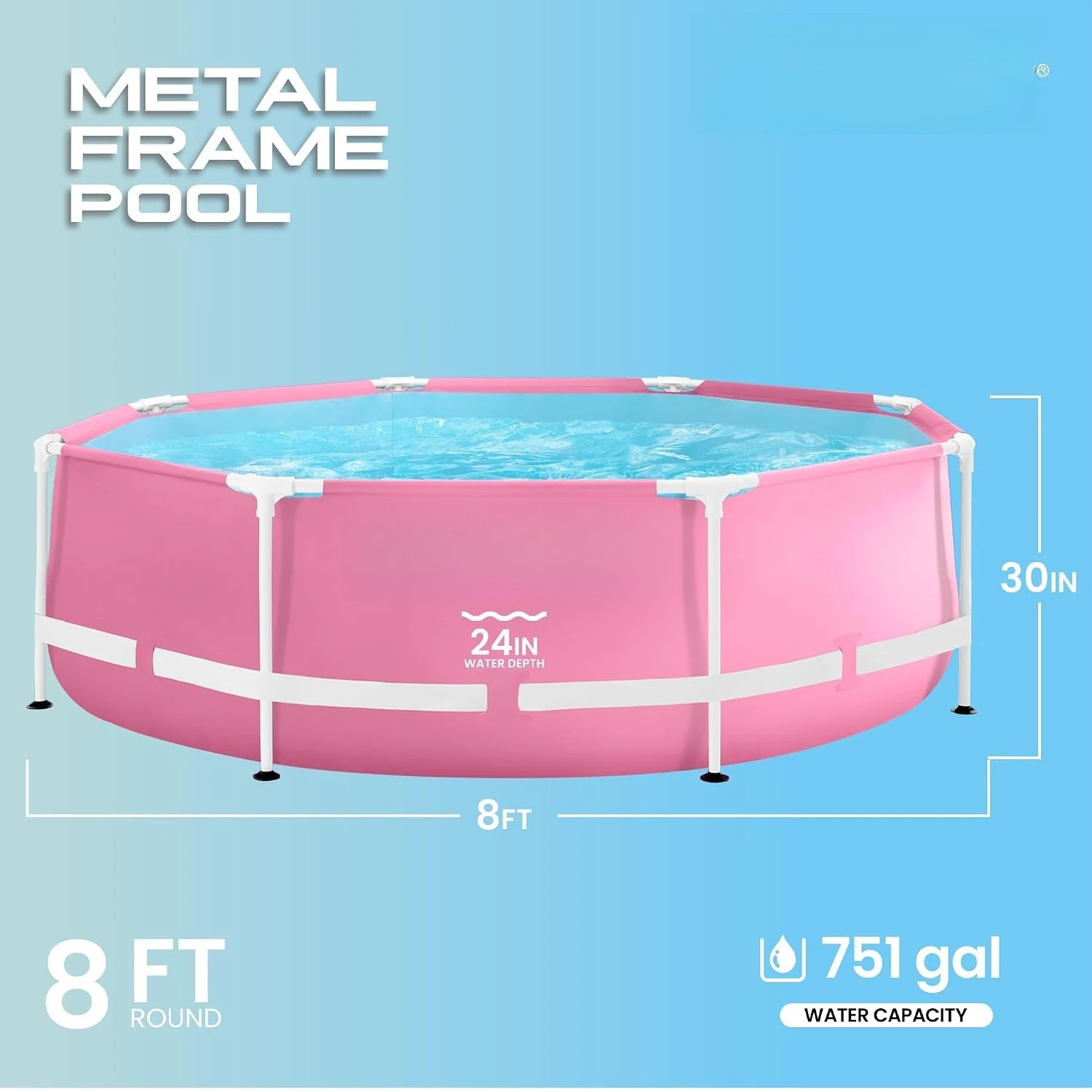 8ft x 30in Round Above Ground Swimming Pool, Pink  28290EH - Pool Only Pump Not Included, Custom