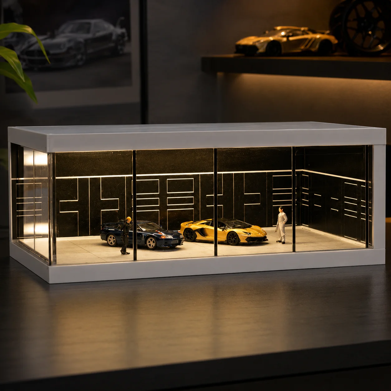 1/64 Scale LED Acrylic Model Car Display Box Garage Diorama Parking Scene Dustproof Showcase Toy Car Holder