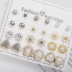 12 Pairs/Lot Heart Flower Earrings Set For Women Rhinestone Pearl Sun Star Stud Earrings Girls Party Jewelry Gift Wholesale