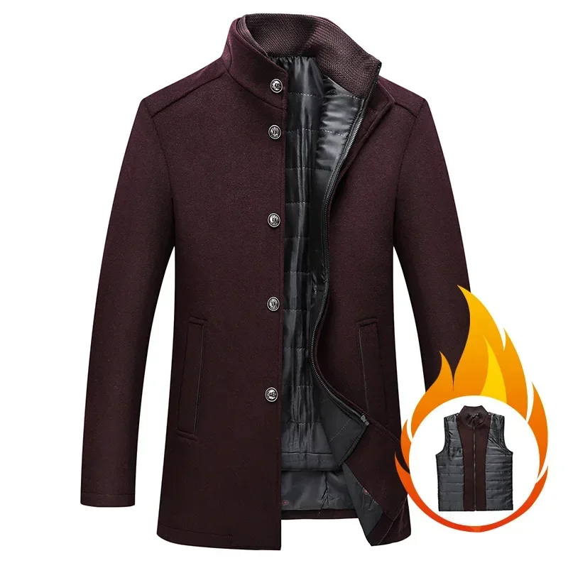 Winter Men's Woolen Overcoat Solid Color Thickened Thermal Parka Casual Business Men's Jacket Medium Length Coats