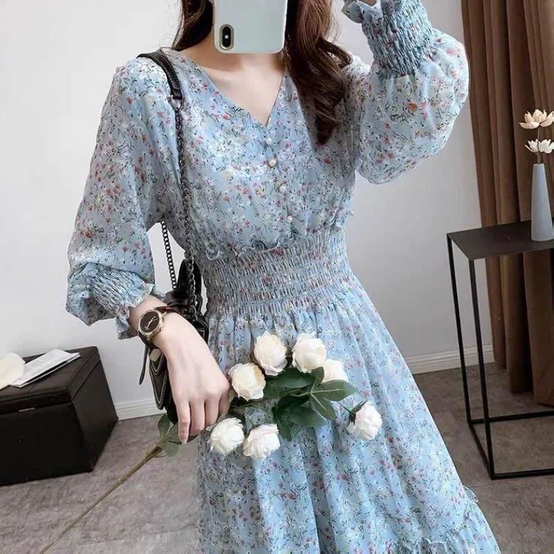 Chiffon Ruffle Slim Folds Casual Print Floral Dress Summer Long Sleeve Dresses New Spring Korean Fashion Elegant Womens Clothing