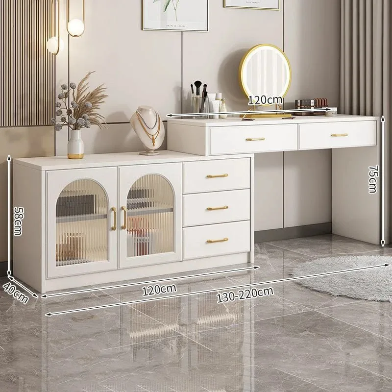 Luxury Dressing Table Glass Wood Vanity Table LED Mirror Girls Drawers Makeup Desk Dresser Bedroom Cabinet Penteadeira Furniture