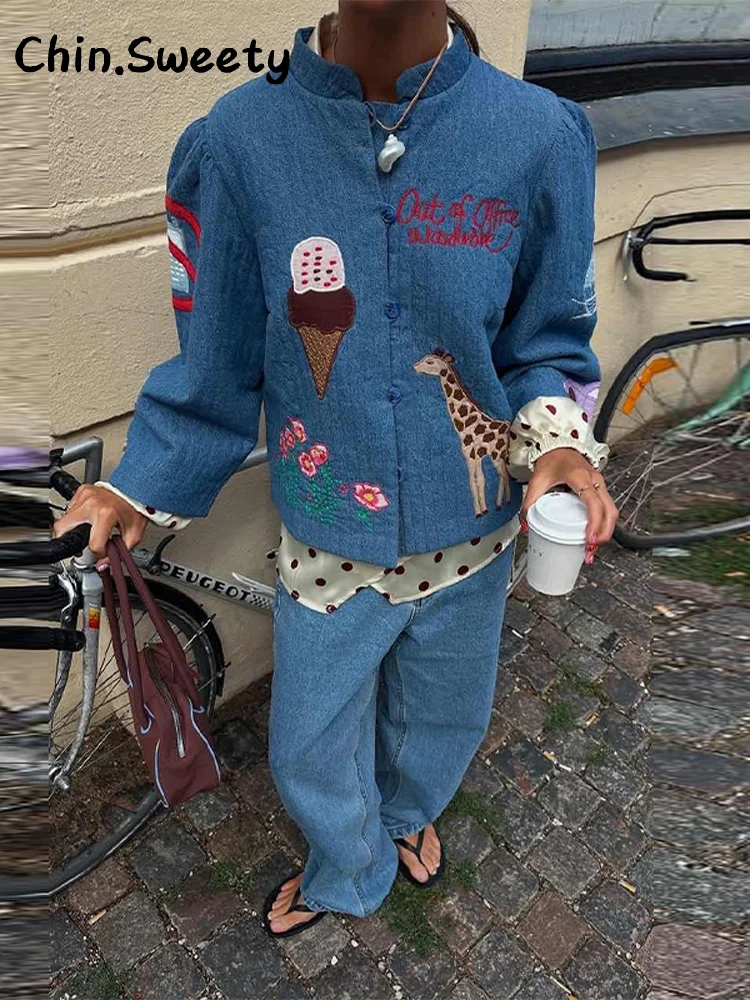 

Chic Printed Warm Cotton Padded Jacket Women Loose O-neck Long Sleeve Single Breasted Coat 2025 Autumn Lady Commute Outwears New
