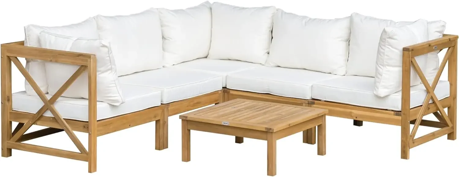 

6 Piece Wood Patio Furniture Set, Outdoor Sectional Sofa with Cushions and Coffee Table, Acacia Wood Conversation Set Couch