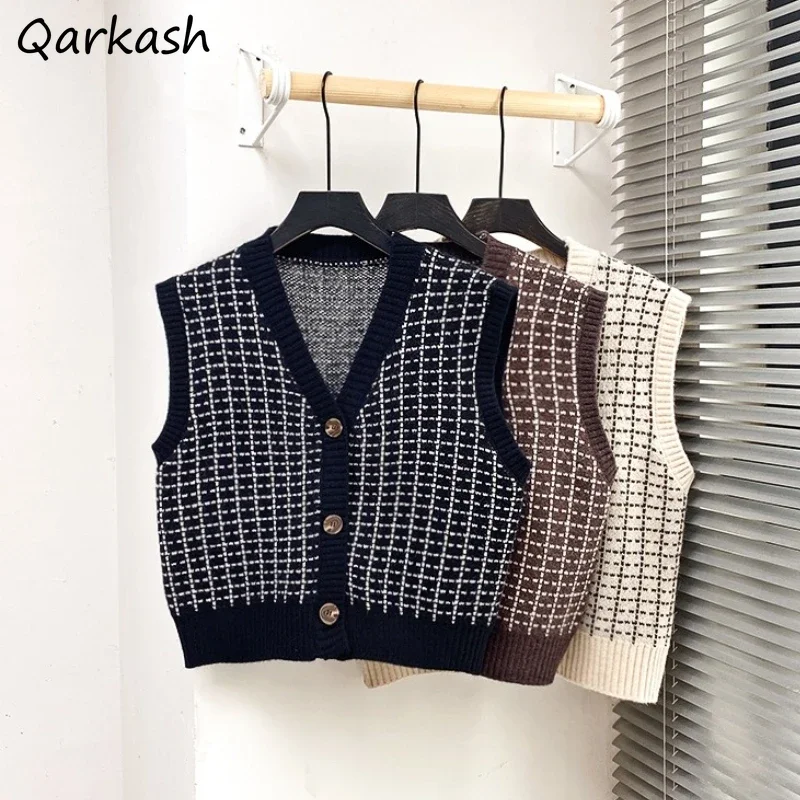 

Sweater Vests Women S-3XL Plaid Autumn All-match Vintage Simple Girls Sleeveless Knitwear Ulzzang Chic Female Clothing V-neck