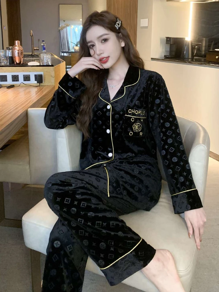 High Quality Gold Velvet Pajamas Women\'s 2024 Spring Autumn New Korean Red Embossed Plus Size Fashion Couple Home Clothes