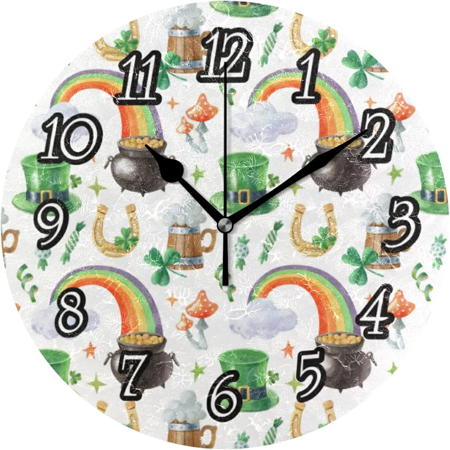 St. Patrick's Shamrock Leprechaun Hat, Pot of Gold, Rainbow on White Wall Clock, Silent Non-Ticking Easy to Read Round Decorativ