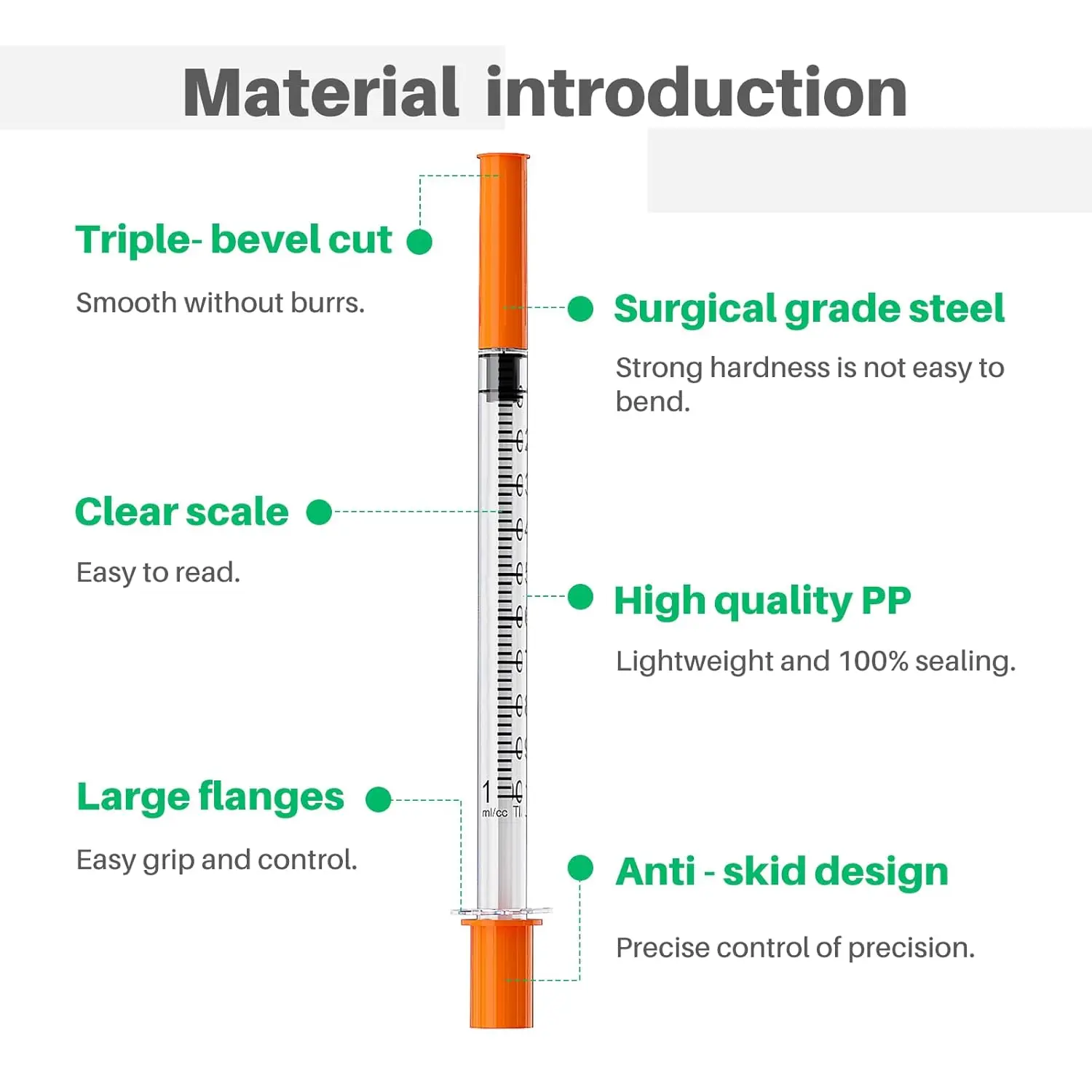 Jeringa  insulina naranja estéril sechable, 100 Uds., 1ml/cc, con aguja  30G y 1/2 pulgadas, empaquetada individualmente p