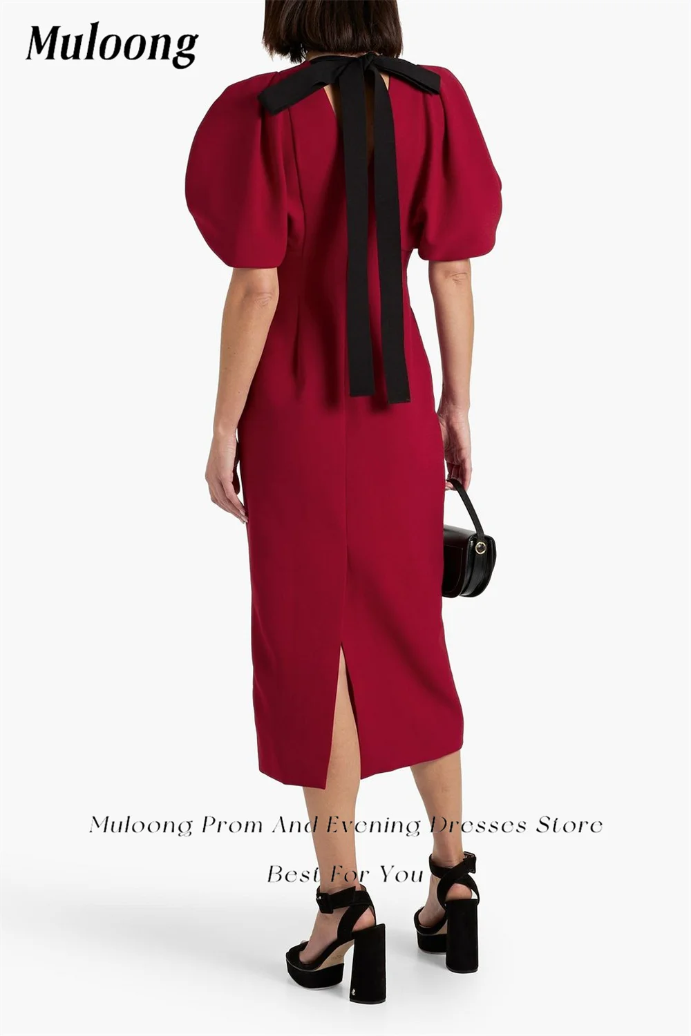 Muloong Red O Neck Midi Dress With Back Bow Cape Sleeves Classic Evening Dress 2023 Mermaid Saudi Aribia Cocktail Party Dress