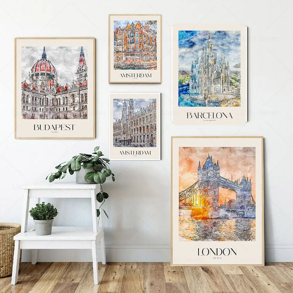 Landscape City Travel Print New York London Milan Florence Dubai Barcelona Copenhagen Amsterdam Canvas Poster Home Wall ArtDecor