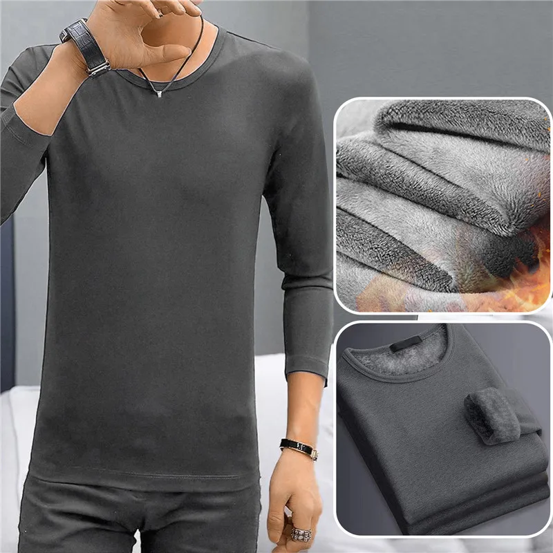 Thickened Fleece-lined Warm Men\'s T-shirt Base Layer Outer Wear Solid Color Top For Winter Slim Fit Plus Velvet Padded Pullover