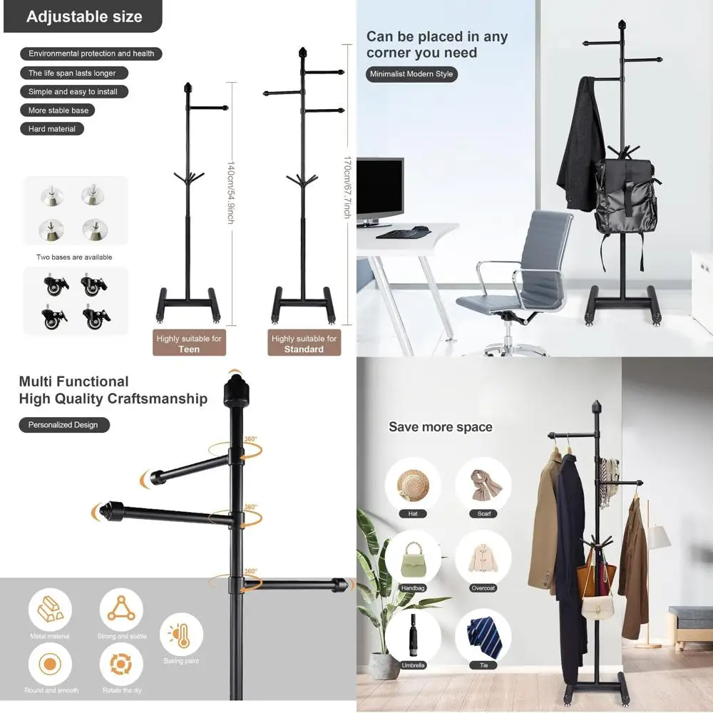 

Прочная напольная вешалка для одежды с регулируемой высотой и передвижными колесами, 3-х секционная конструкция для зимних пальто, идеально подходит для дома и офиса.