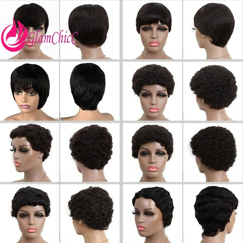 

Водный рулон овцы, натуральный цвет, короткие вьющиеся человеческие волосы, полные машинные парики, бразильский девственный Remy, плотность 180%, подходит для повседневного ношения