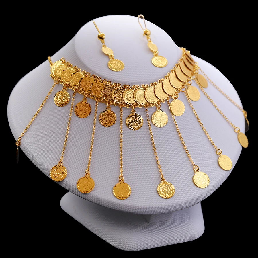 24K Gold Round Two Piece Set, Ethiopian, Middle East, European and American Women's Jewelry, Dubai Earrings, Necklace, Wedding J