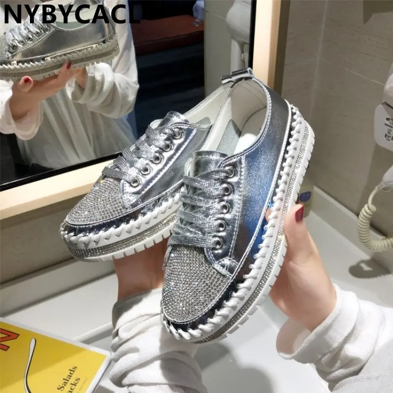 New Crystals Diamonds Women Flats Bling Flat Platform Shoes Rhinestone Ladies Round Lace-up Fashion Casual Shoes flattie platfor