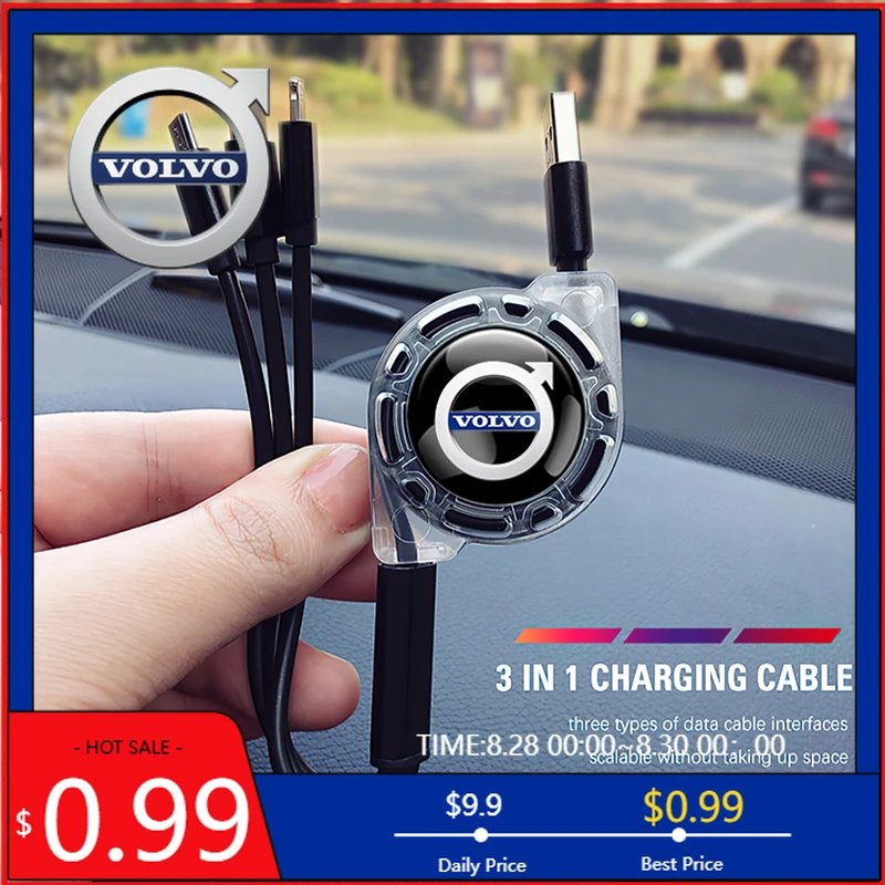 

Центральные колпачки колес 3 в 1, зарядный кабель Micro USB Type C, мультизарядное устройство для Volvo Xc60 Xc90 V40 V60 S60 V50 V90 S80 C40 XC40 V70