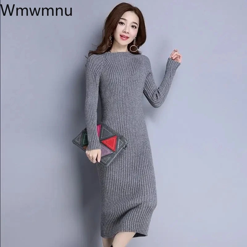 Maglione di media lunghezza che basa abiti aderenti Sexy Slim solido manica lunga abito lavorato a maglia donna autunno inverno abiti coreani Mujer