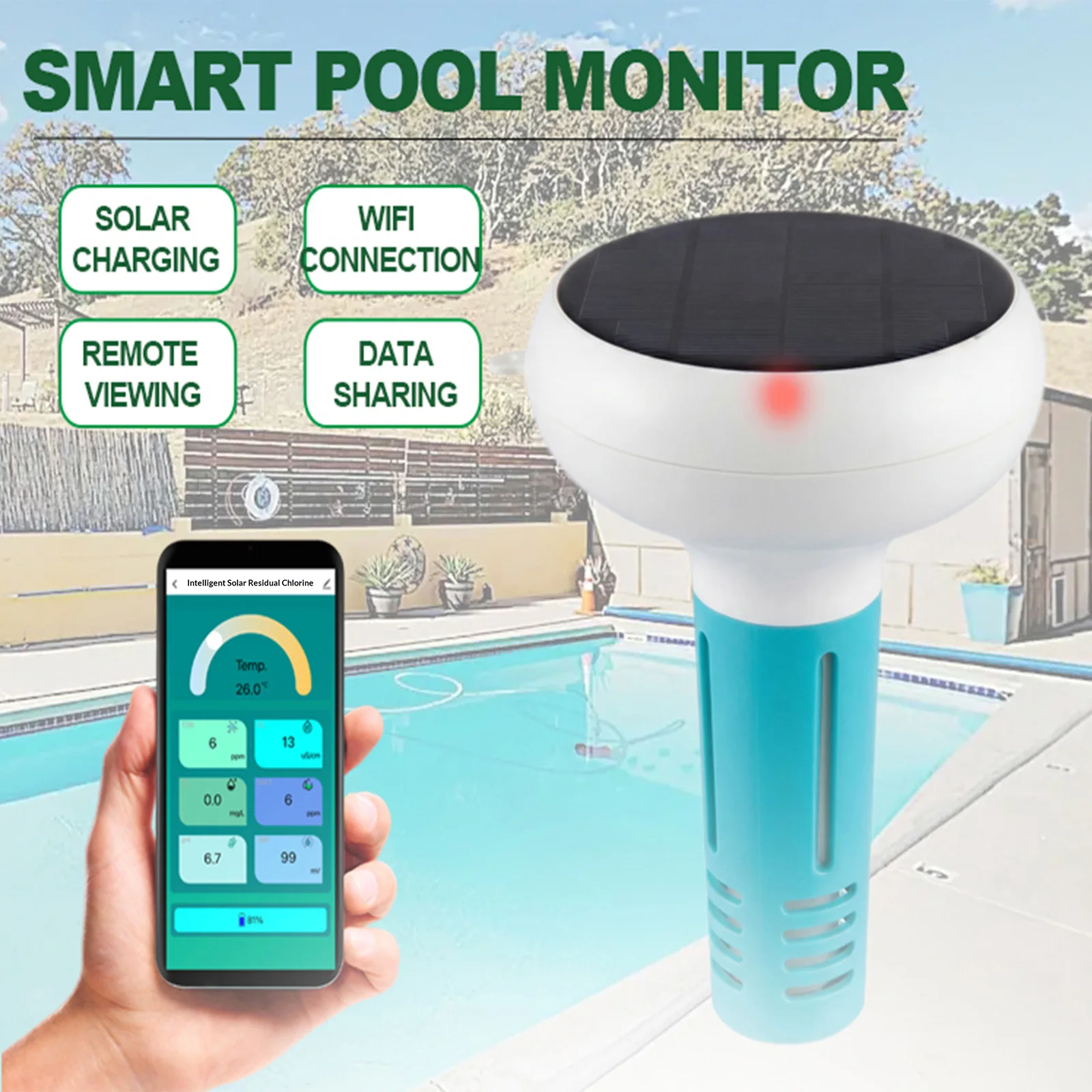 7-in-1 Smart Water Meter Floating Wireless Water Quality Tester WiFi PH and Salinity for Swimming Pools Hot Tub Spa