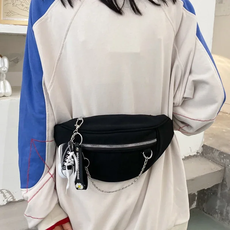 

New Women Chain Waist Bag Ladies New Designer Canvas Fanny Pack Fashion Travel Money Phone Chest Banana Bag Female Bum Belt Bags