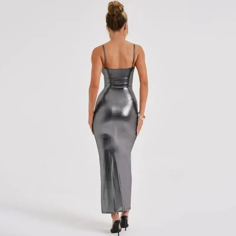 EVNISI Women Solid Bodycon Dress Metallic Sleeveless Spaghetti Strap Maxi Dress Backless Evening Party Dress Sexy Vestidos