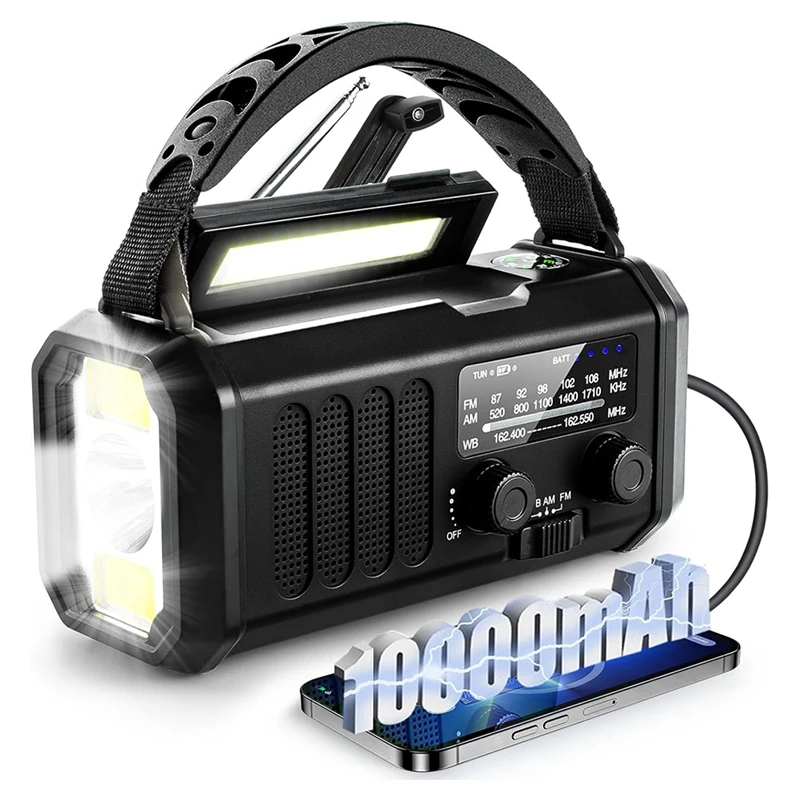 FFYY-Emergency Weather Radio FM/AM/WB,Portable Hand Crank Radio,Flashlight ,Solar Powered 10000Mah For Outdoor Camping