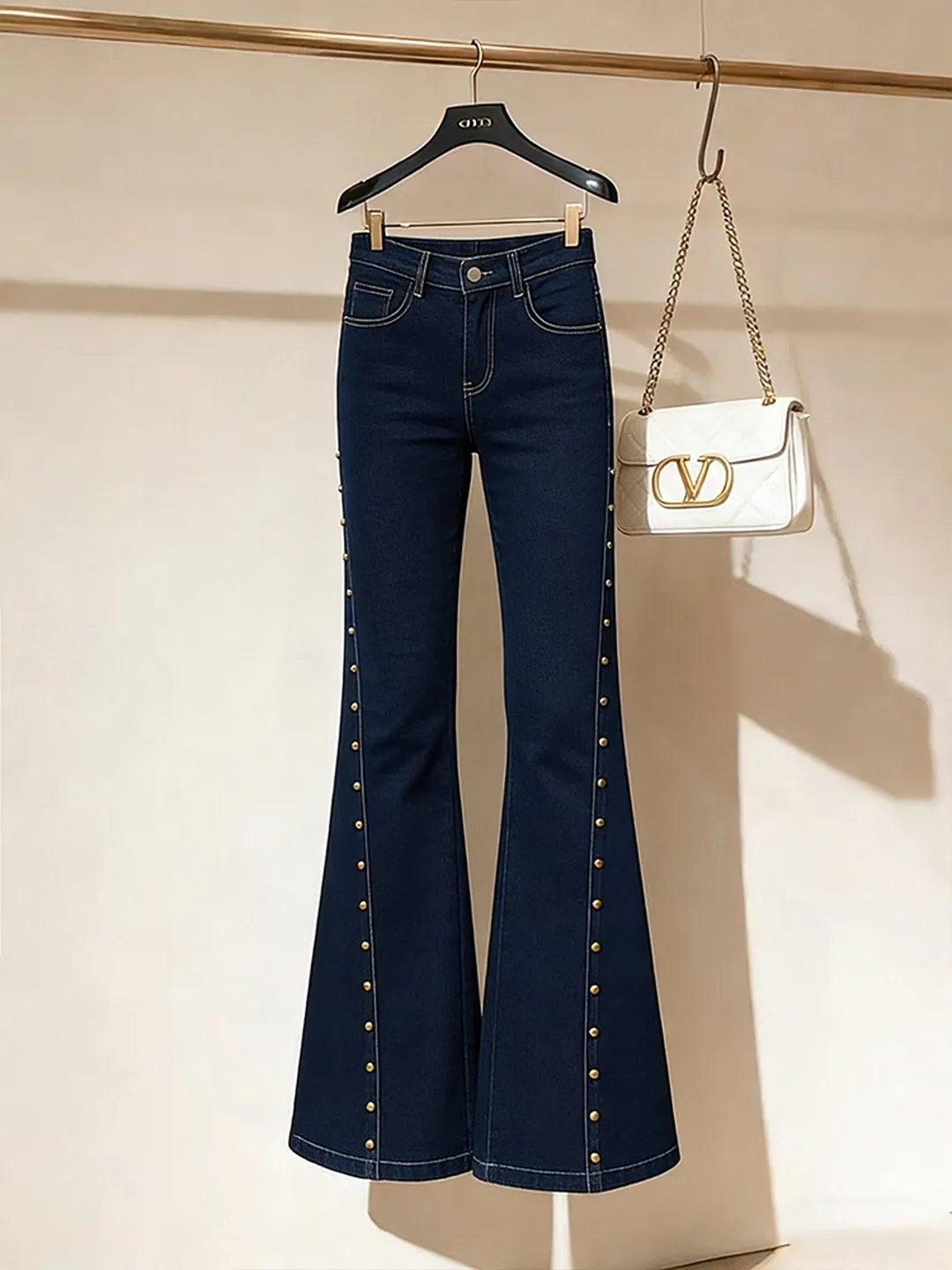 

Deep Blue Slimming High Waist Bell Bot Jeans Women's Straight Leg Stretchy Rivet Decorated Casual Long Pants