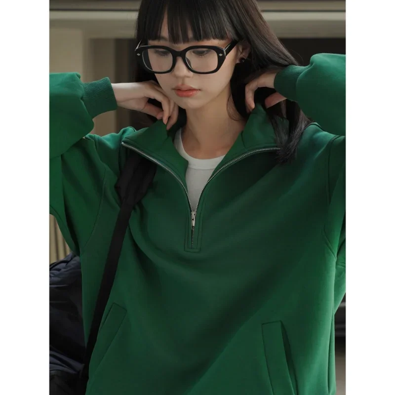 Women Stand Collar Sweatshrits Autumn Tops Korean Half Placket Retro Street Style Air Layer Loose Profile Zipper Green Clothes