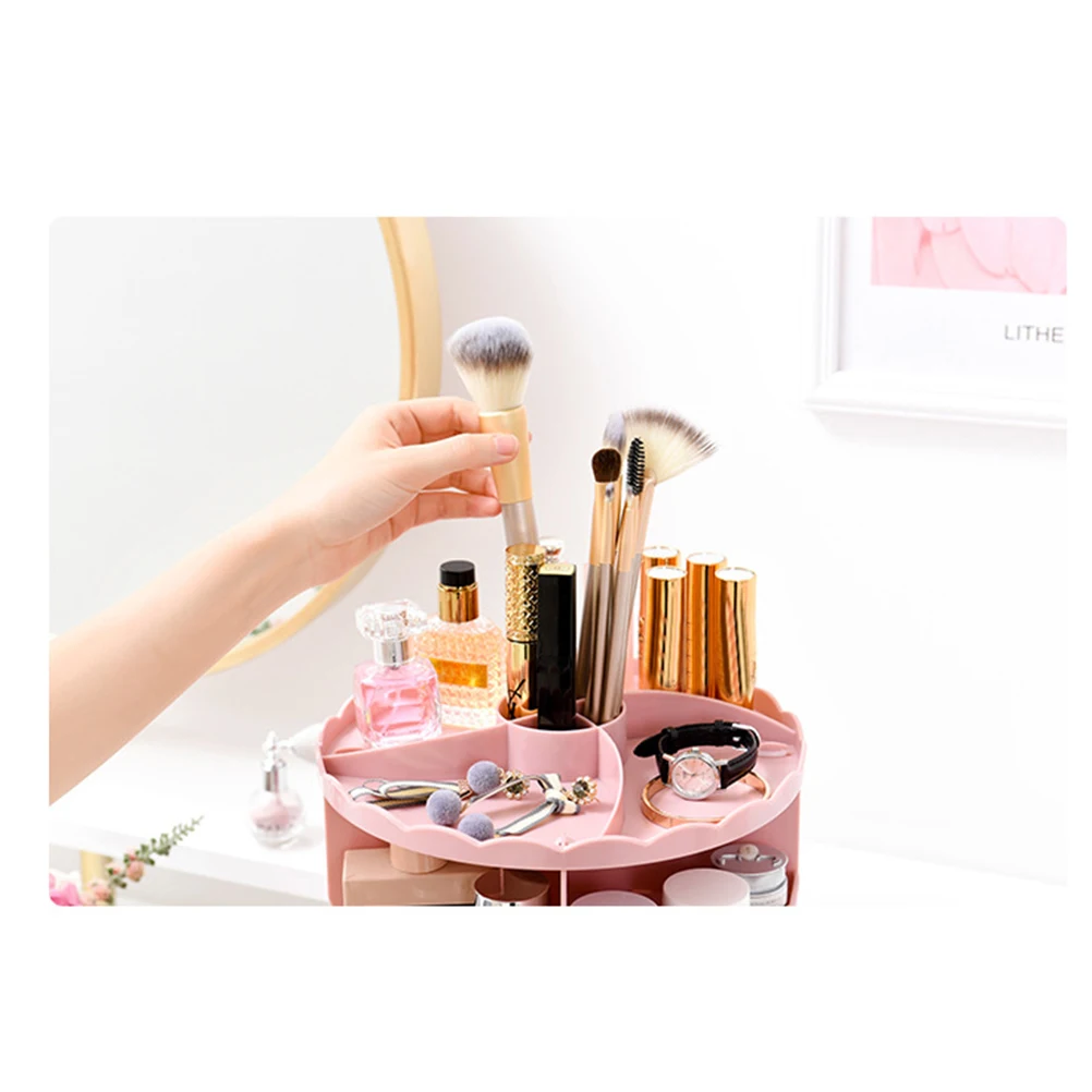 

Multi Compartment Rotating Dressing Table Pink Storage Organizer 360 Degree Box Separator Acrylic Design