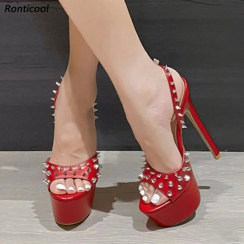 

Ronticool Women Summer Sandals With Platform Rivests Thin High Heels Round Toe Beautiful Red Club Shoes Ladies US Plus Size 5-20