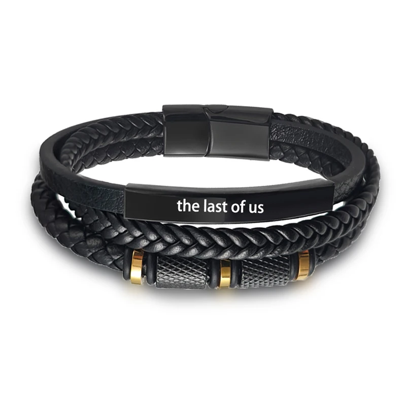 The Last of Us Luxury Mens Leather Bracelet Stainless Steel Black+Goden Bracelet with Beaded Casual Personality Male Jewelry