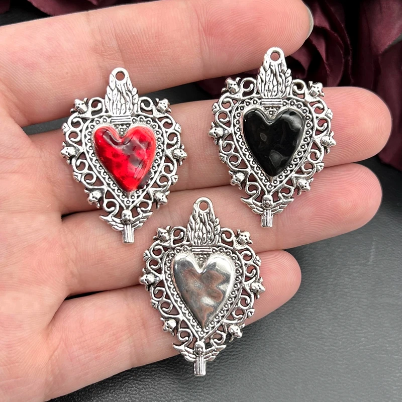 5pcs Silver Enamel Sacred Heart Charms Traditonal Corazon Pendants DIY Handmade Jewelry Making Accessorie