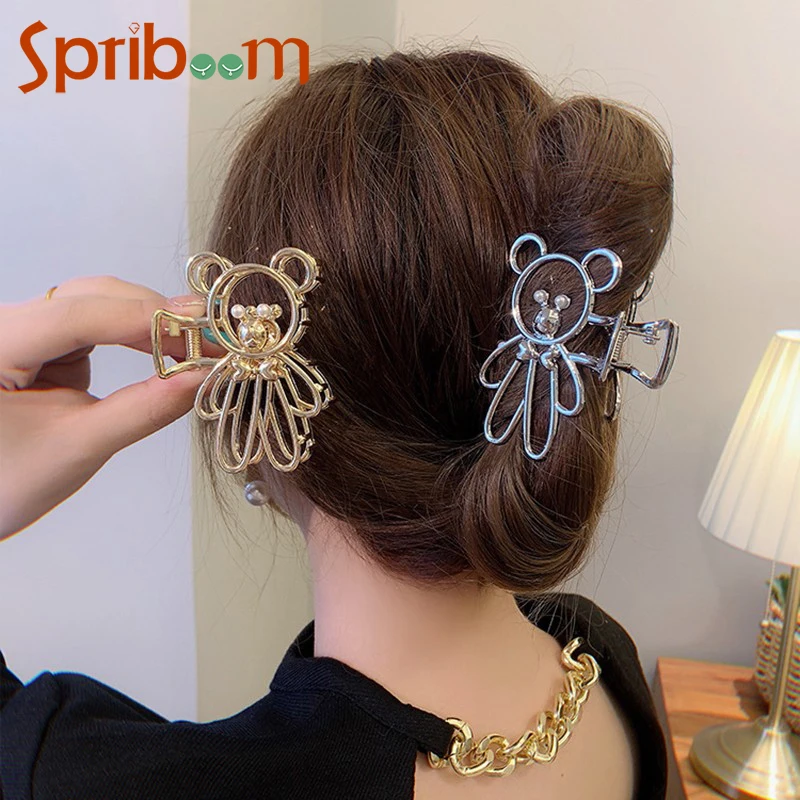 Hollow Bear Crab Hair Clips for Girls Metal Pearl Cute Hair Claw Clip Korean Women Hair Accessories 2024 Trendy Hair Ornaments