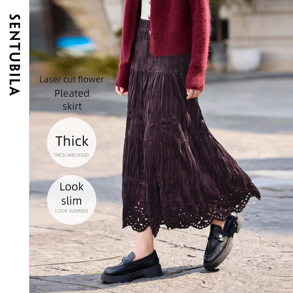 SENTUBILA Women Maxi Skirt 2025 Winter Elegant Ladies Hollow Out Hem Elastic Waist A-Line Velvet Tiered Skirt Female W54QB4851