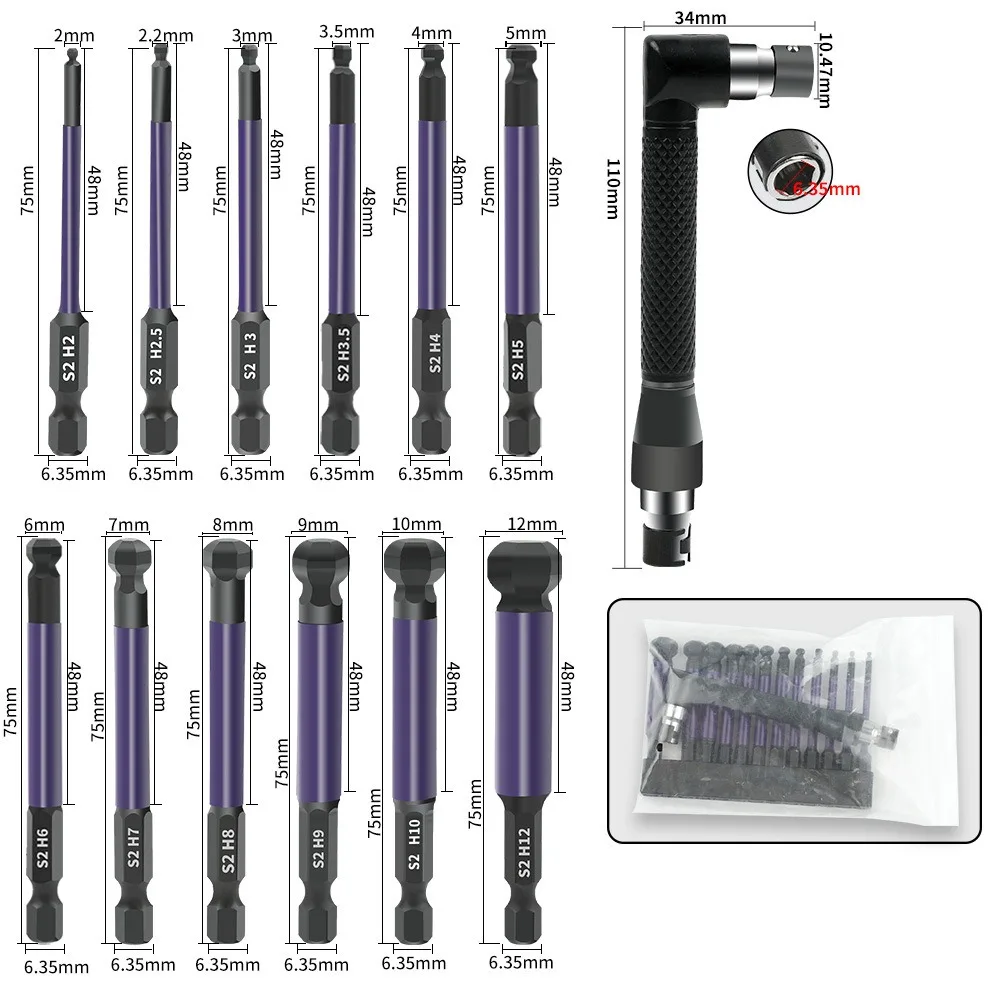 

75mm Ball End Hex Bit 1/4 Inch Hex Shank Impact Resistant Hexagonal Drill Bit with Double-ended Socket Durable