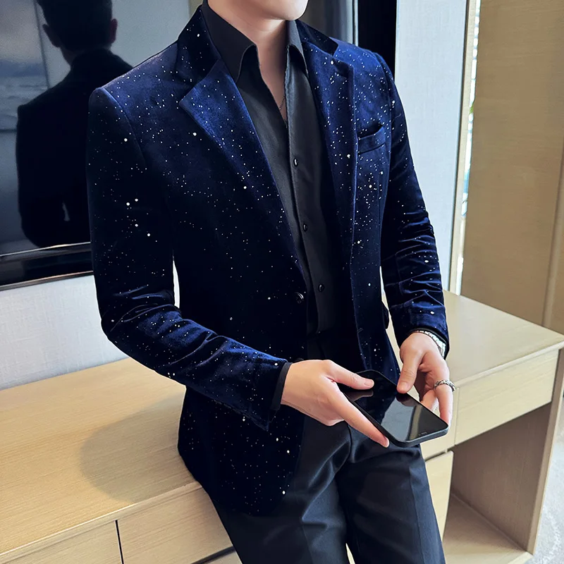 2024 Autumn New Velvet Jacket Men\'s Blazer Business Fashion Hot Stamping Printed Suit Jacket High-quality Luxury Dress Suit