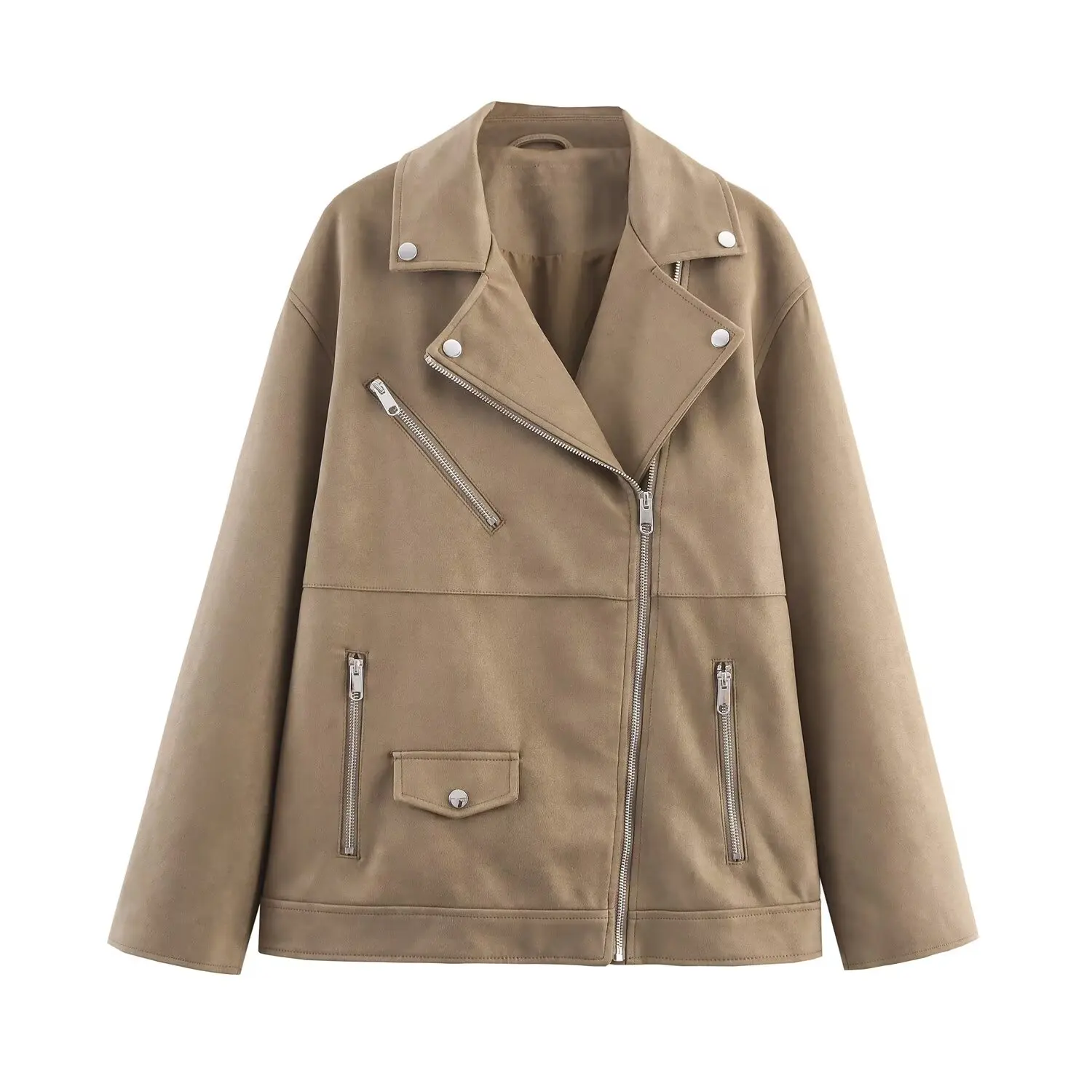 Fashionable Biker Jacket Outerwear Women's Autumn New Style Deer Hide Imitation Leather Warm Long Sleeve Pure Color Polyester