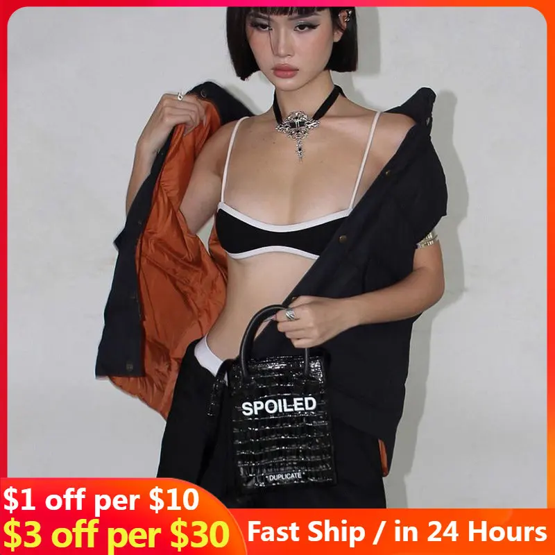 

Black White Gothic Sexy Contrast Edge ultra-short Inside Cup Sling Navel Tops Fashion E-Girl Vest Halter Top Edgy Clothes Y2K