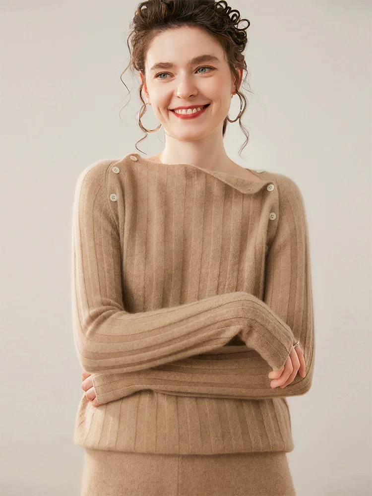 

MEETCC Women 100% Cashmere Knitted Sweater Autumn Winter Long Sleeve Button Decorated Pullover Soft Warm Fashion Jumper Top