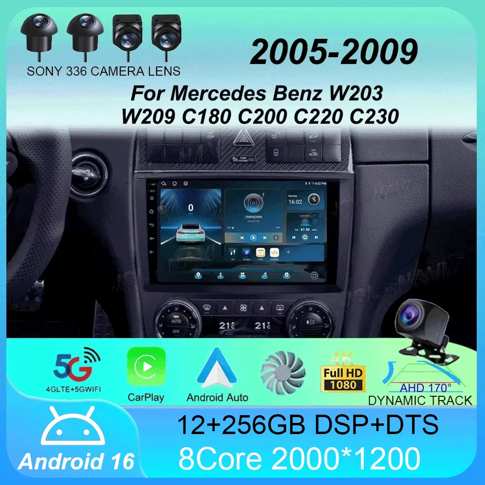 Android 16 For Mercedes Benz W203 W209 C180 C200 C220 C230 2005 - 2009 Stereo Car Radio Multimedia Navigation GPS Carplay AUTO