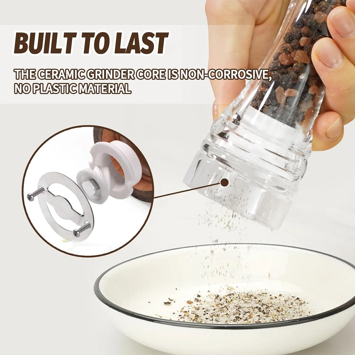 Pepper Grinder- 4/5/6 inch Acrylic Salt and Pepper Shakers Adjustable Coarseness by Ceramic Rotor Kitchen Accessories