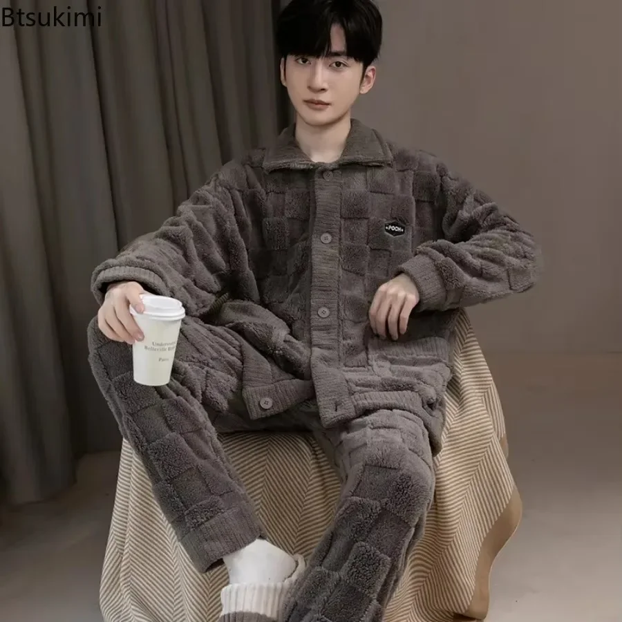 2025 Men's Pajamas Sets Fashion Thickened Flannel Long Sleeve Home Two Pieces Male Lounge Keep Warm Coral Velvet Sleepwear Suit