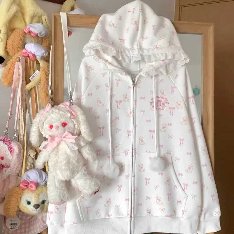 Japanese Cute Pink Floral Lace Hooded Sweatshirt 2025 Spring Autumn New Coat Women Y2k Loose Long Sleeve Zipper Tops Mujer