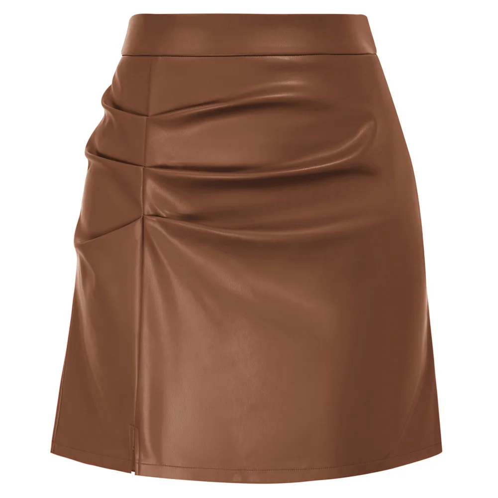 

KK Women Skirts PU Leather High Waist Ruched Casual A-Line Skirt Temperament korean Fashion Slim Fit Work Office Skirt