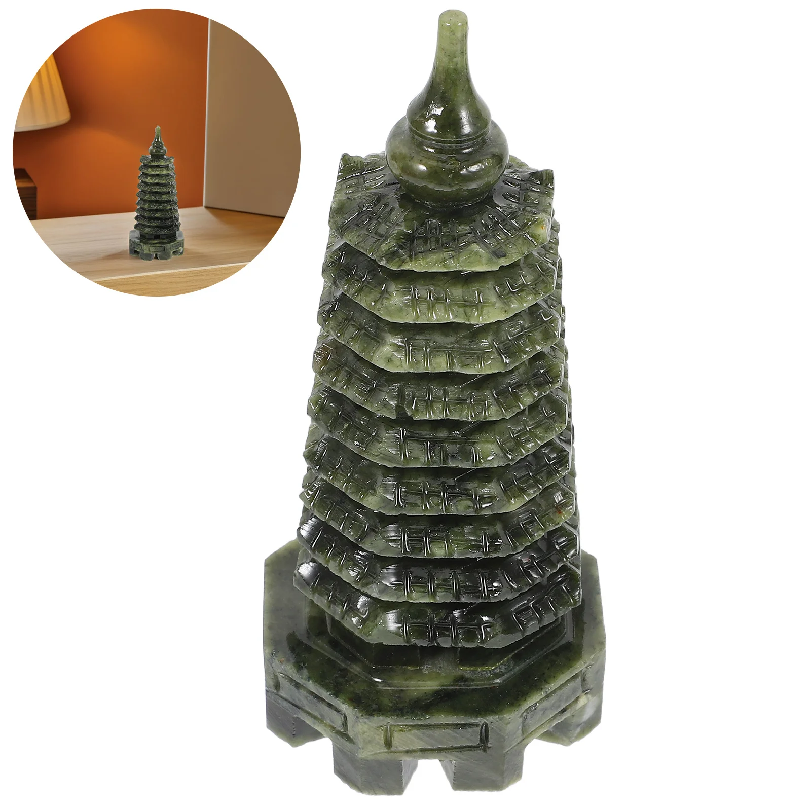 

Jade Wenchang Tower Pagoda Sculpture Hand Carved Traditional Chinese Home Office Garden Decoration Feng Shui Ornament
