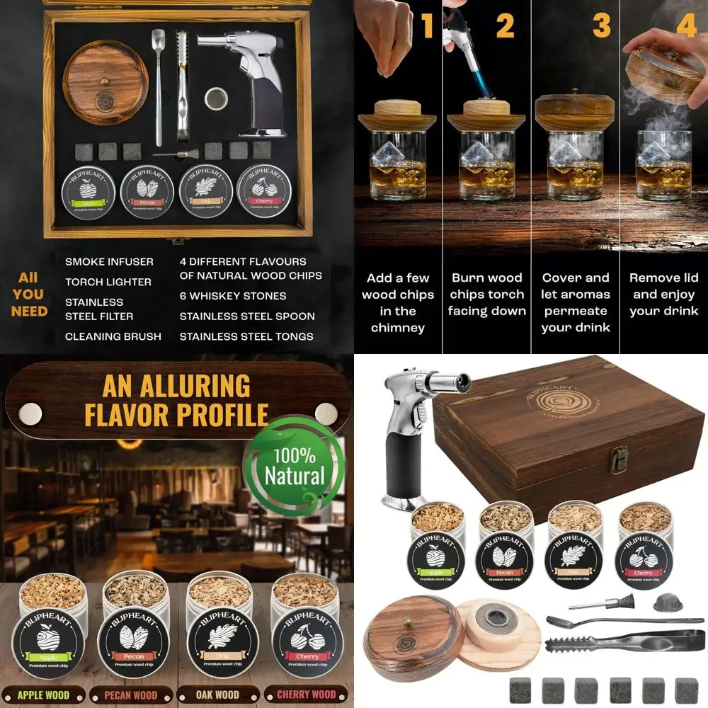 

19-Piece Whiskey Smoking Kit: Oak Torch, 4 Flavor Wood Chips, Granite Stones for Bourbon Enthusiasts